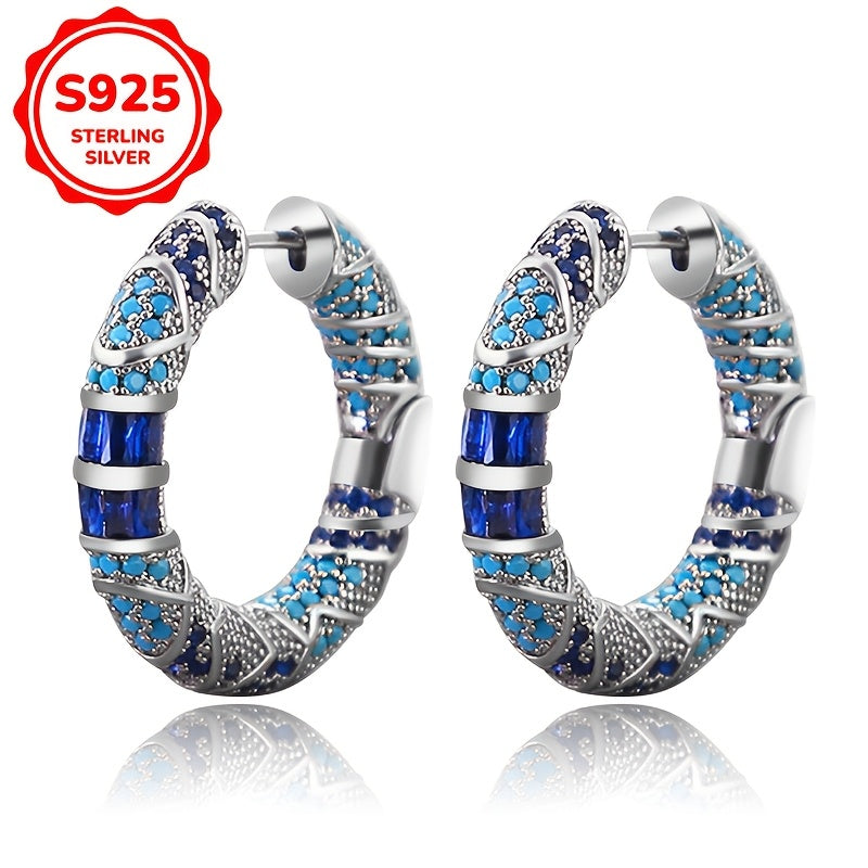 Sterling Silver Tribal Style Hoop Earrings with Blue Cubic Zirconia for Women
