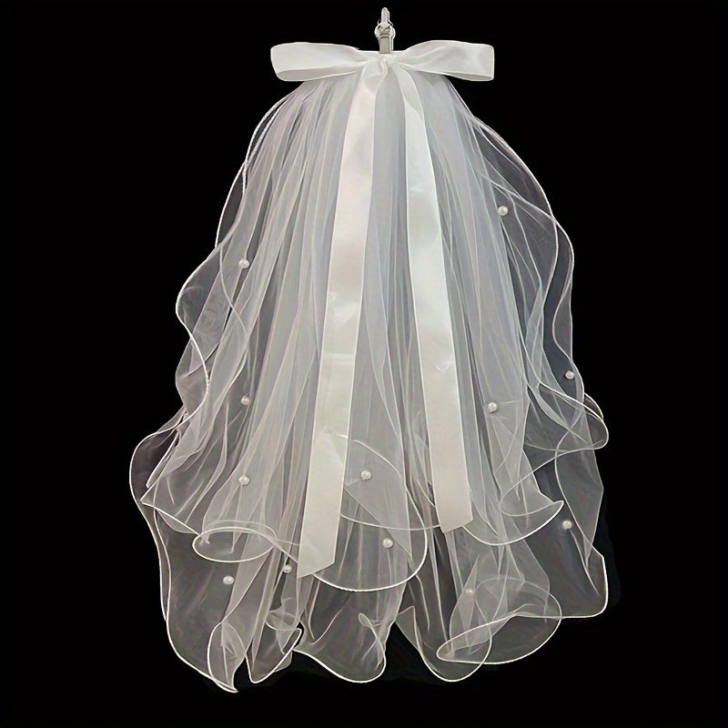 Double Layer Bridal Veil with Bow Ornament Wedding Hair Accessory for Bride