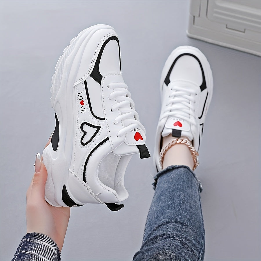 Women's White Sneakers with Black Accents Casual Running Shoes Thick Sole