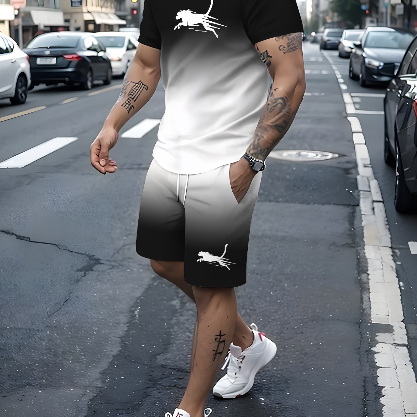 Men's Summer Outfit Set Gradient Pattern Crew Neck T-Shirt Elastic Waist Shorts