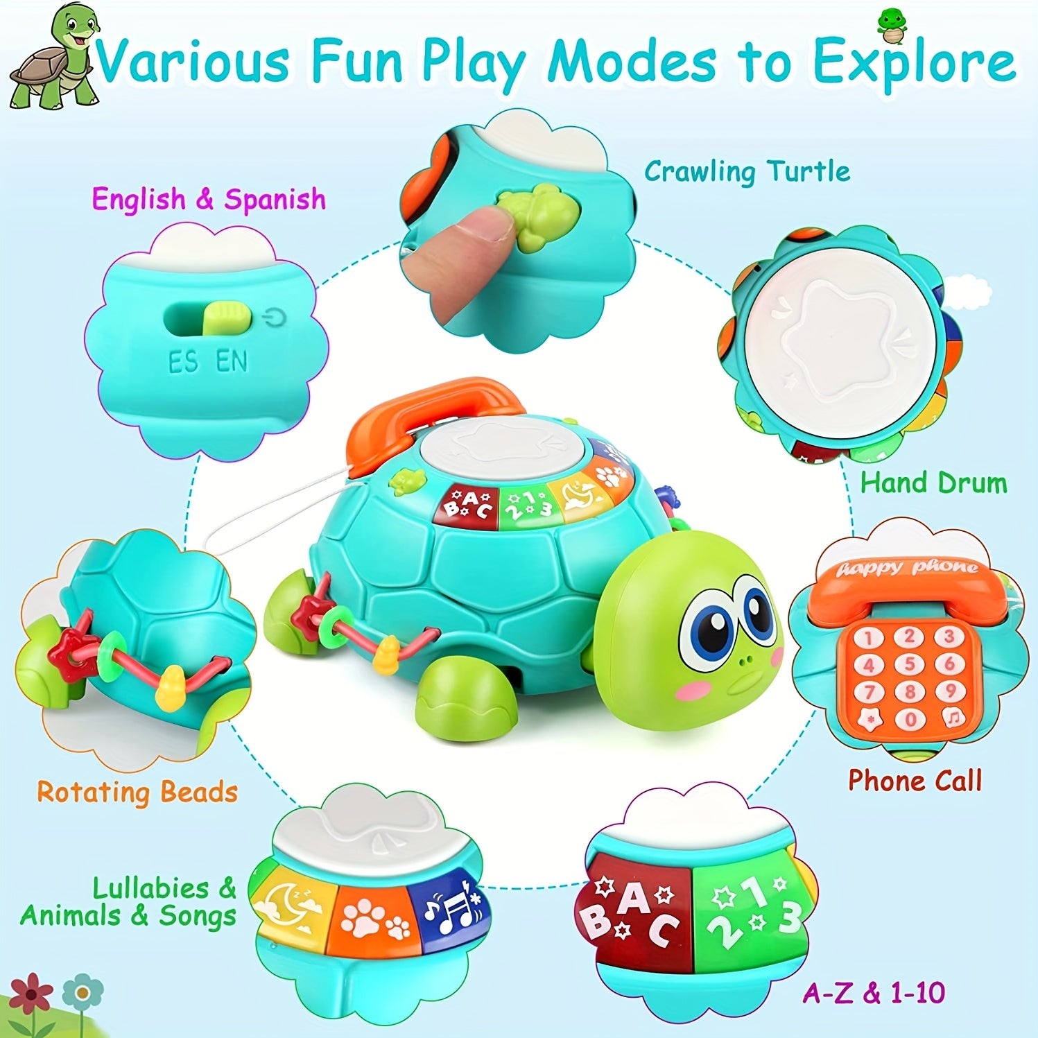 Kids Educational Toy Light-Up Turtle with Hand Drum Keyboard and Colorful Buttons Green White