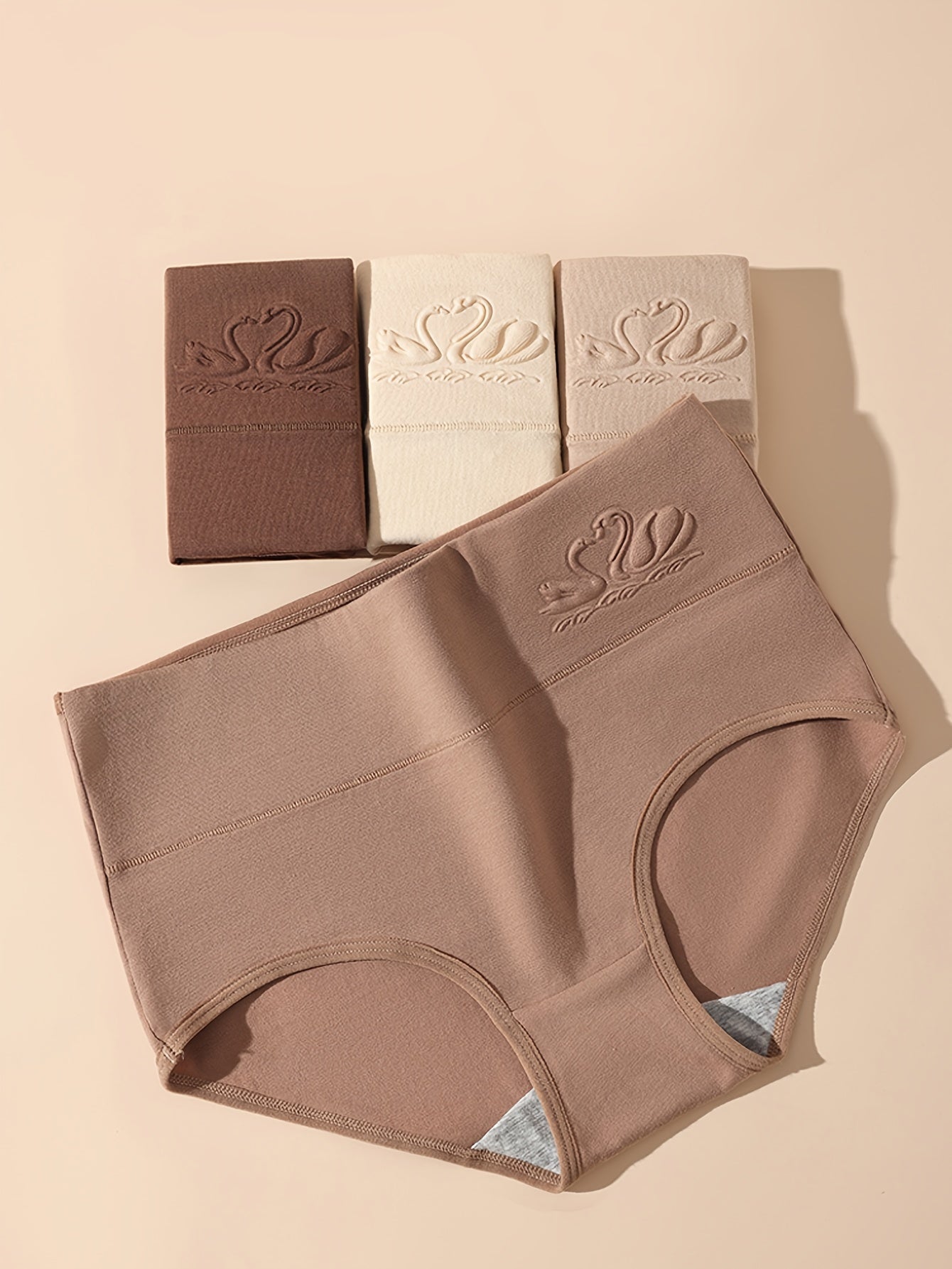 Women's High-Waisted Swan Pattern Cotton Briefs 4-Pack Comfortable Underwear