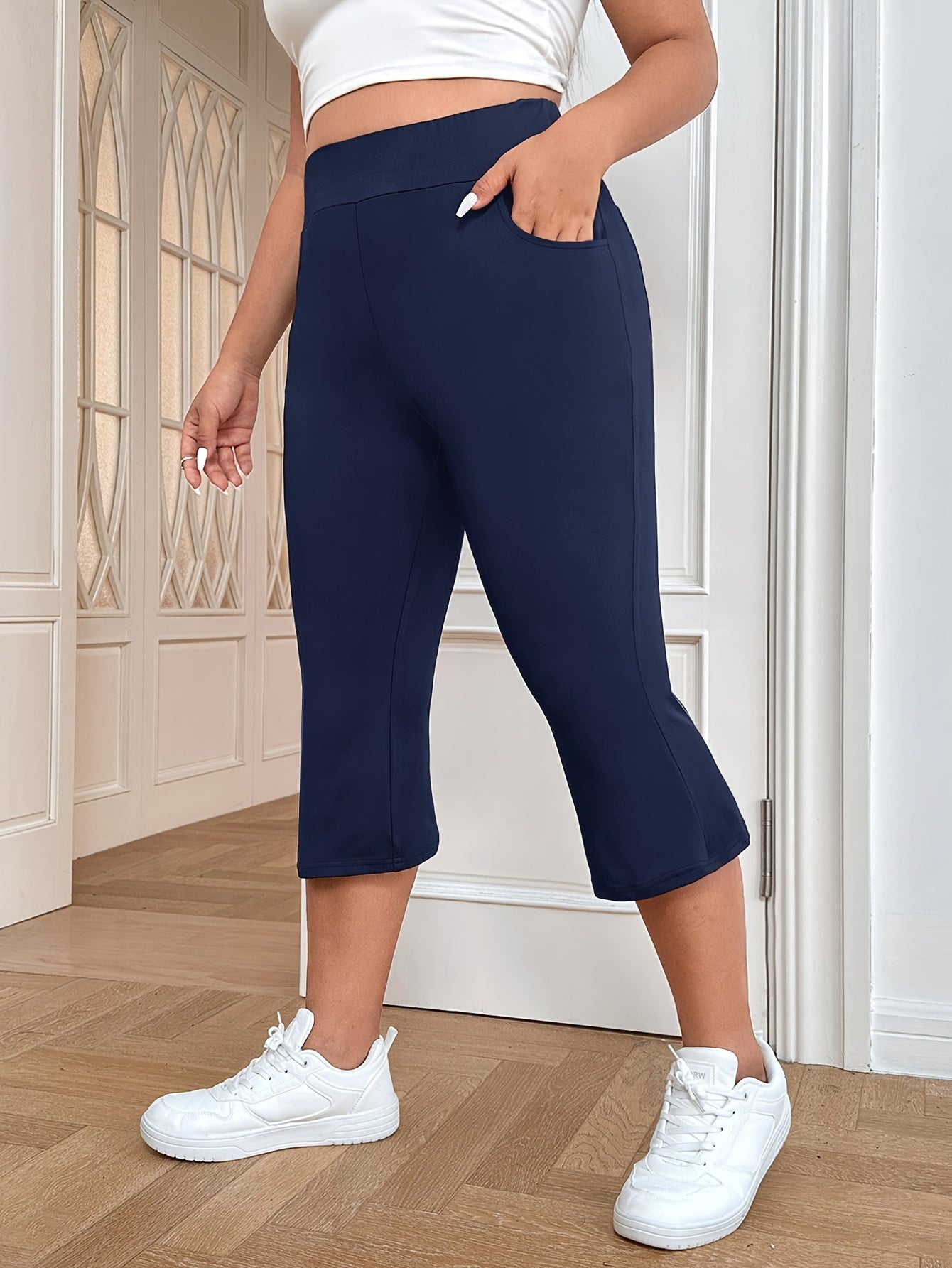 Women's Plus Size High-Waist Flare Pants Breathable Stretch Pockets Blue