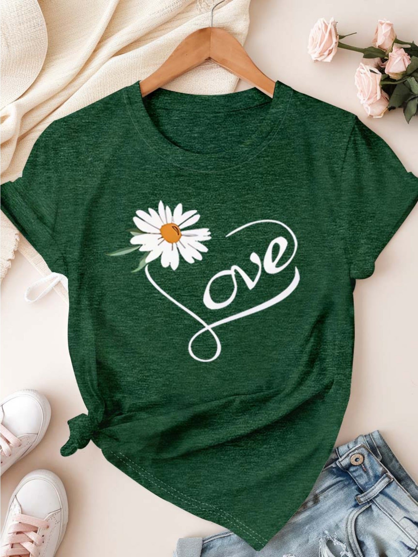 Plus Size Women's Floral Cotton T-Shirt Casual Daisy Print Short Sleeve