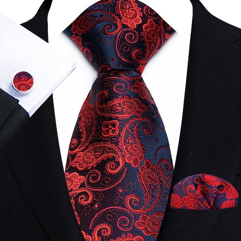 Men's Suit Set with Tie, Pocket Square and Cufflinks in Stripe and Paisley Design