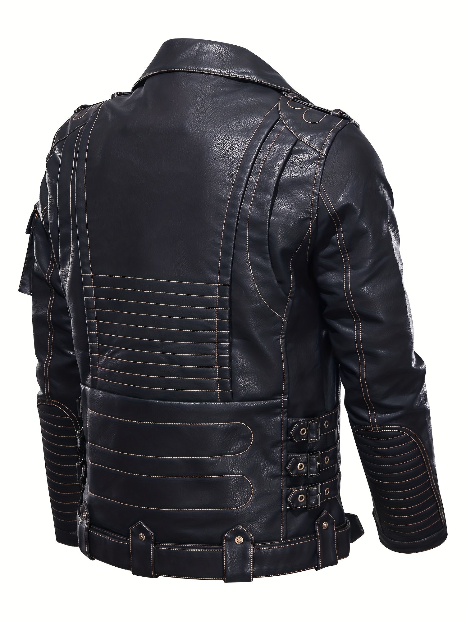 Men's Black Biker Jacket with Zipper Pockets Studded Details Polyester Lining Loose Fit Spring Fall