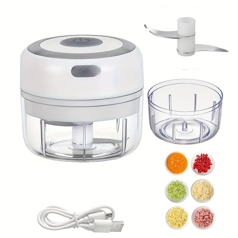 USB simsiz zaryadlash bilan elektr mini chopper, 100/250ml sig'im. Piyoz, chili, selderey va zanjabilni maydalash uchun xavfsiz va mustahkam dizayn. Pikniklar va kundalik foydalanish uchun mukammal. Made of