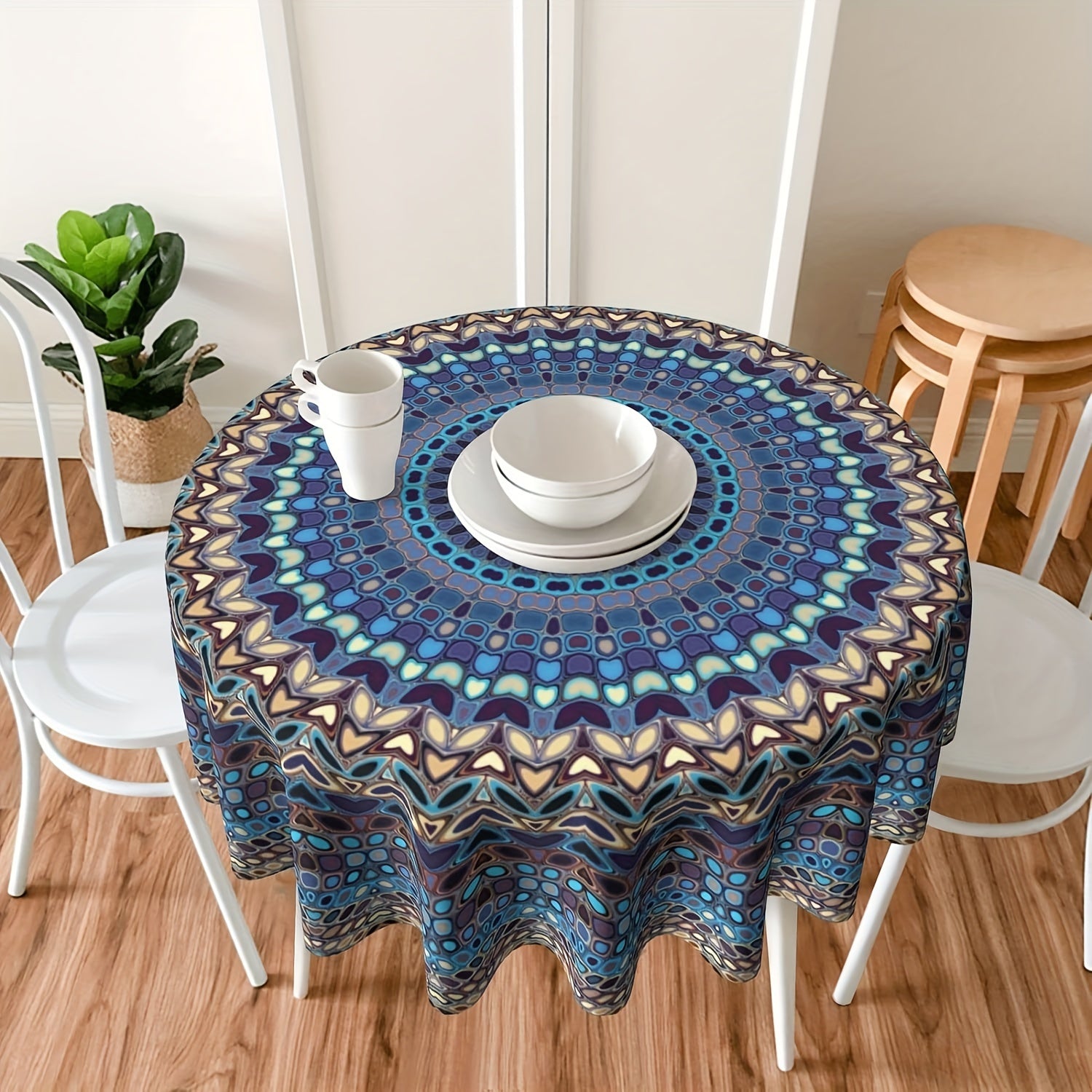 Mantel redondo impermeable de poliéster bohemio con mandala para cocina, comedor y uso exterior
