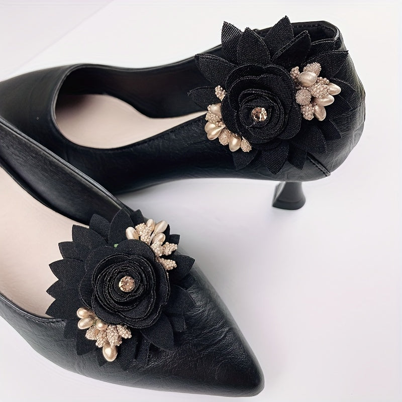 Women's 3D Floral Shoe Clips Detachable Black Polyester Shoe Accessories Pair