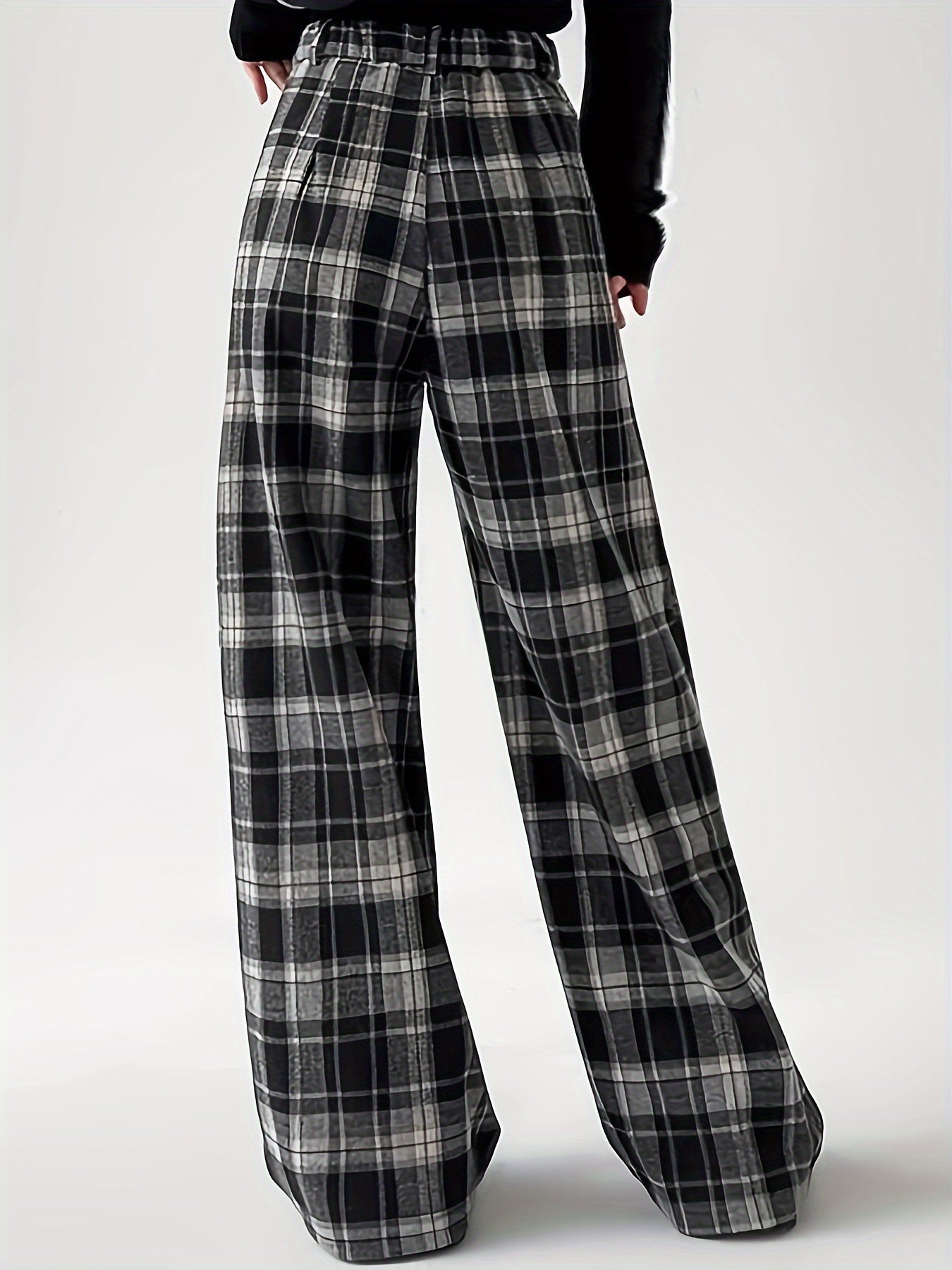 Plus Size Plaid Wide-Leg Pants for Women Casual High-Waist Button Detail