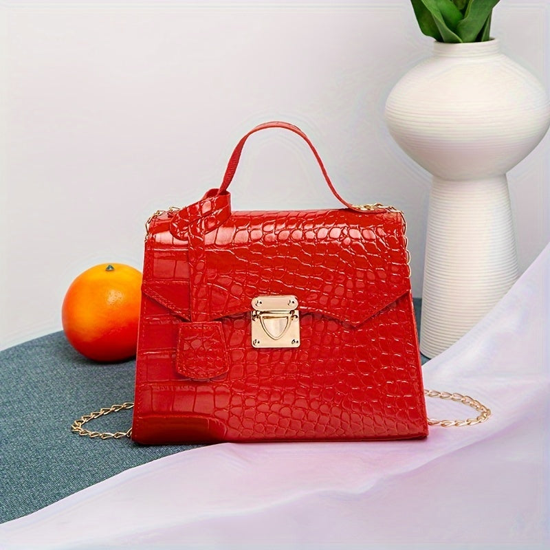 Crocodile Pattern Top-Handle Bag with Buckle Closure for Women in Red Black Beige
