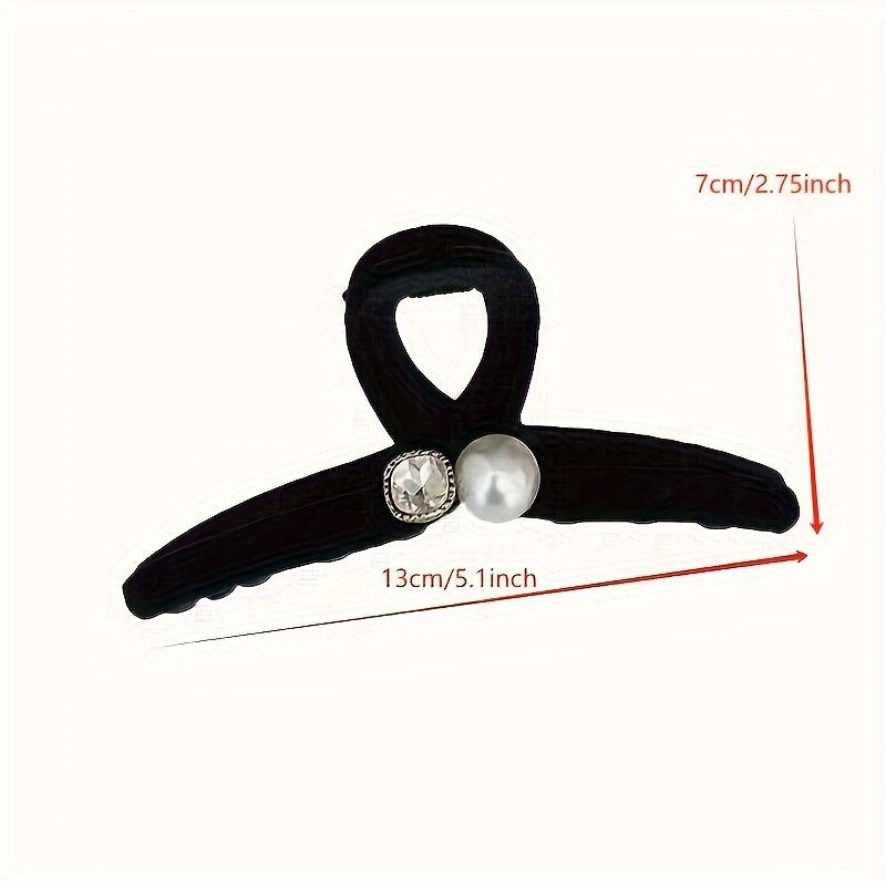 Large Velvet Pearl Hair Claw Clip with Crystals and Ribbon Bow for Women