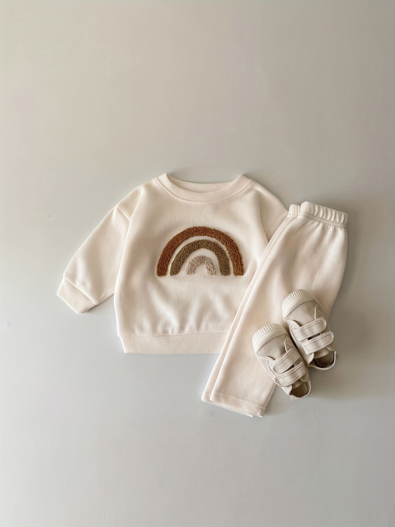 Baby Boys Rainbow Embroidered Long Sleeve Pullover and Pants Set for Spring Fall