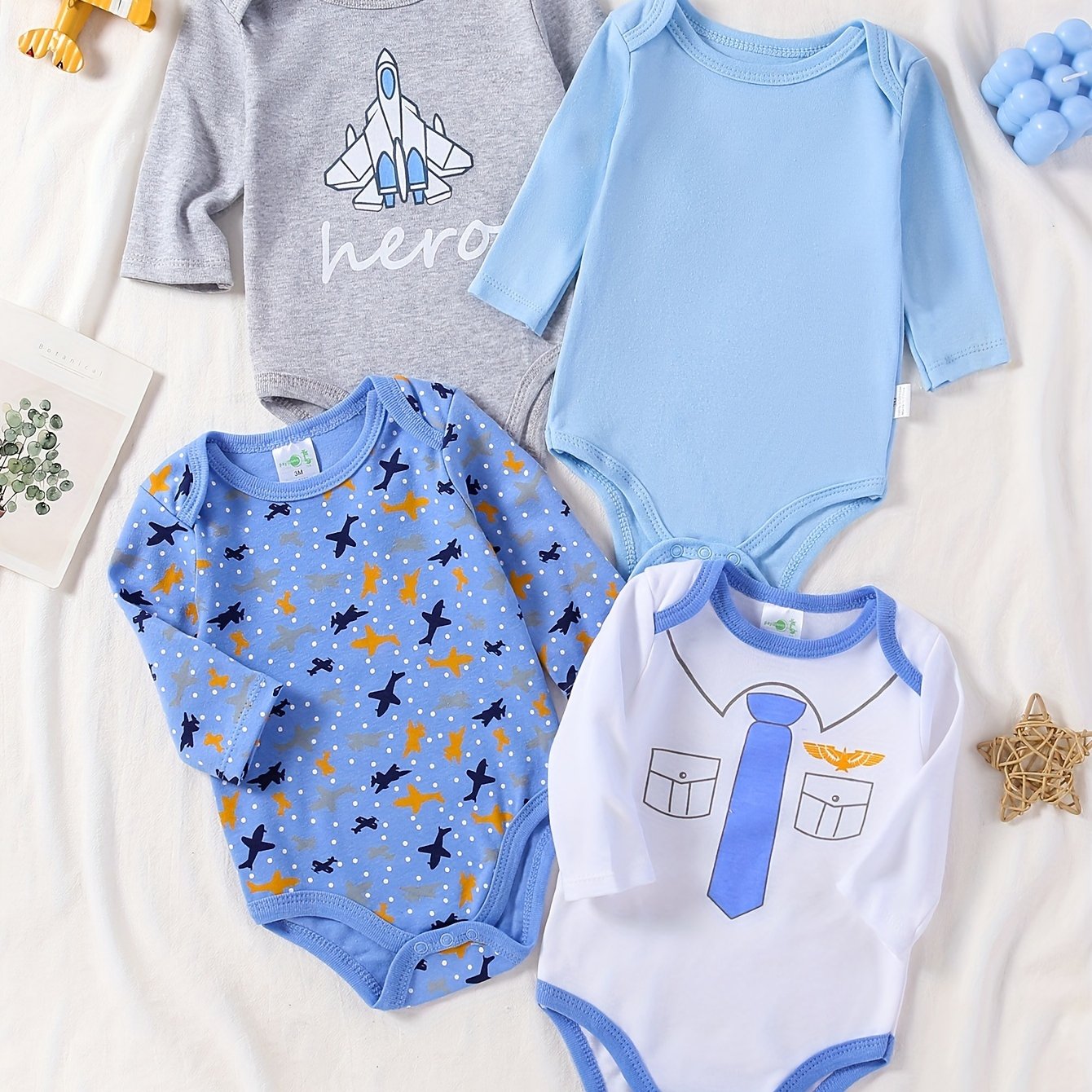 Boys 4-Pack Long Sleeve Cotton Onesies with Astronaut and Space Patterns for Fall Winter