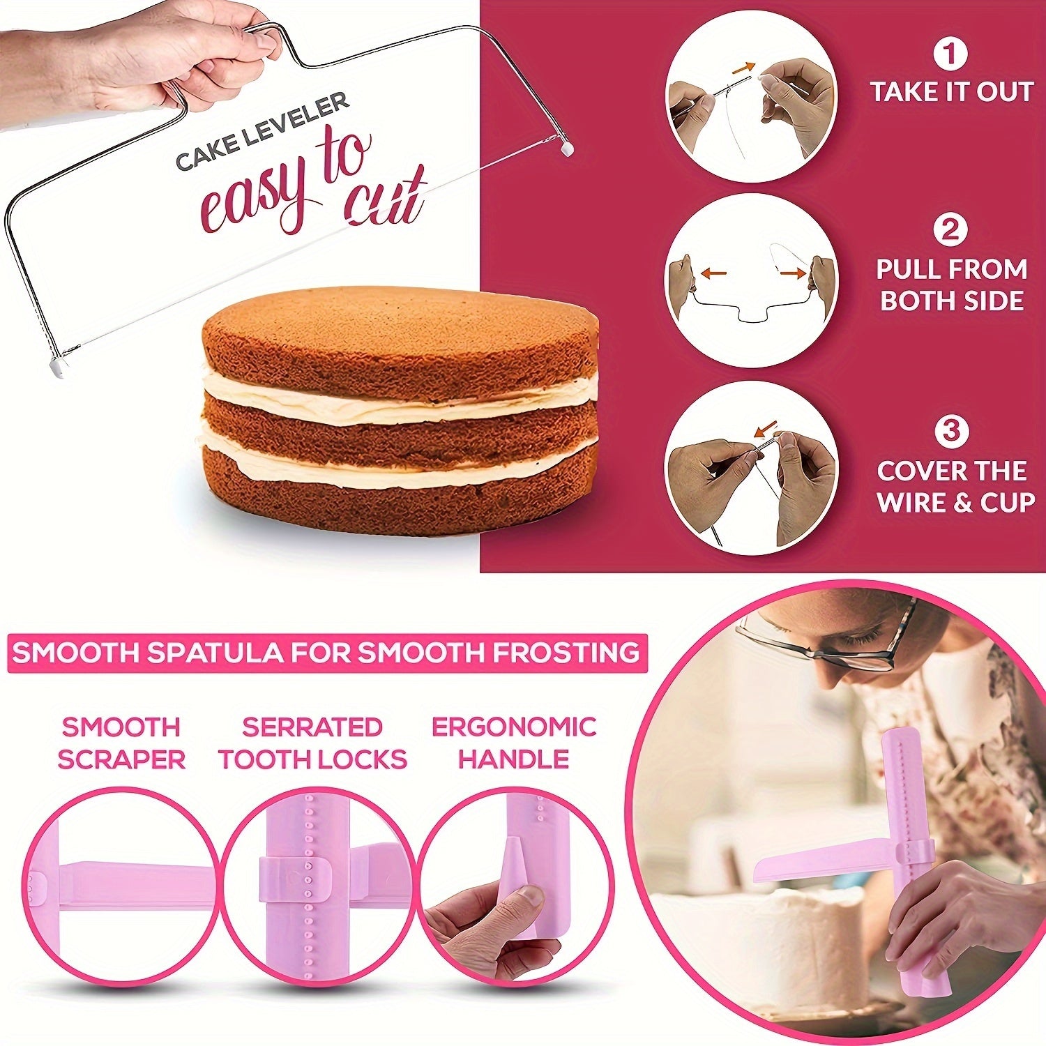 Deluxe Cake Decorating Kit with 200 Pieces Pink Turntable Silicone Piping Tips Reusable Bags