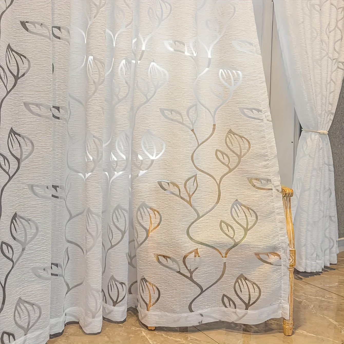 White Sheer Curtain with Leaf Design, Bark Texture Fabric, Rod Pocket Top