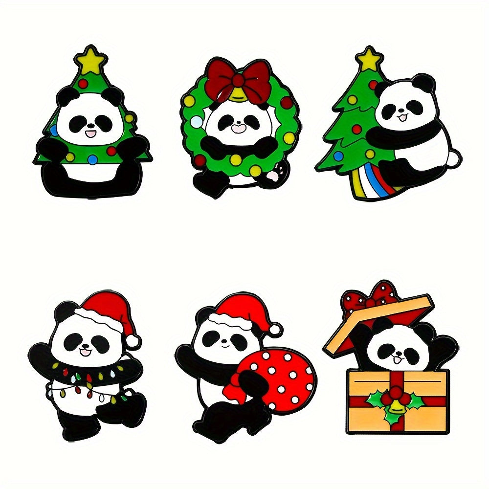 6 ta Cartoon Panda Enamel Pins to'plami, Rojdestvo ta'tili uchun dekorativ yelka belgilari, sumkalar va kiyimlar uchun