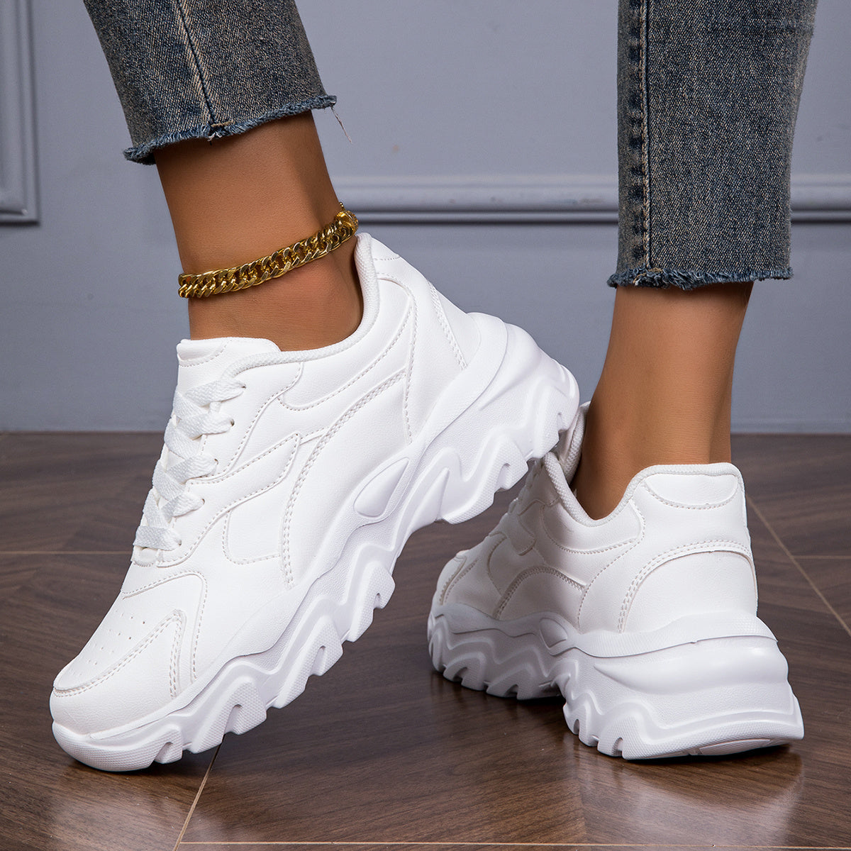 Women's White Chunky Dad Shoes Breathable Thick Sole Comfortable Sneakers for Running Fitness