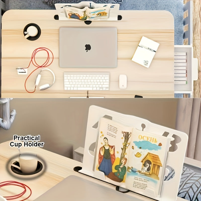 Yotqiziladigan yon stol, saqlash tortmasi, karta joylari, stakan ushlagichi va uy va ofis uchun qoplama noutbuk stoli.