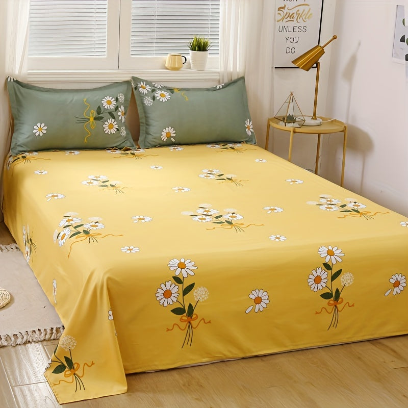 Daisy Print Duvet Cover Set with Pillowcases and Flat Sheet Polyester All-Season Bedroom Decor