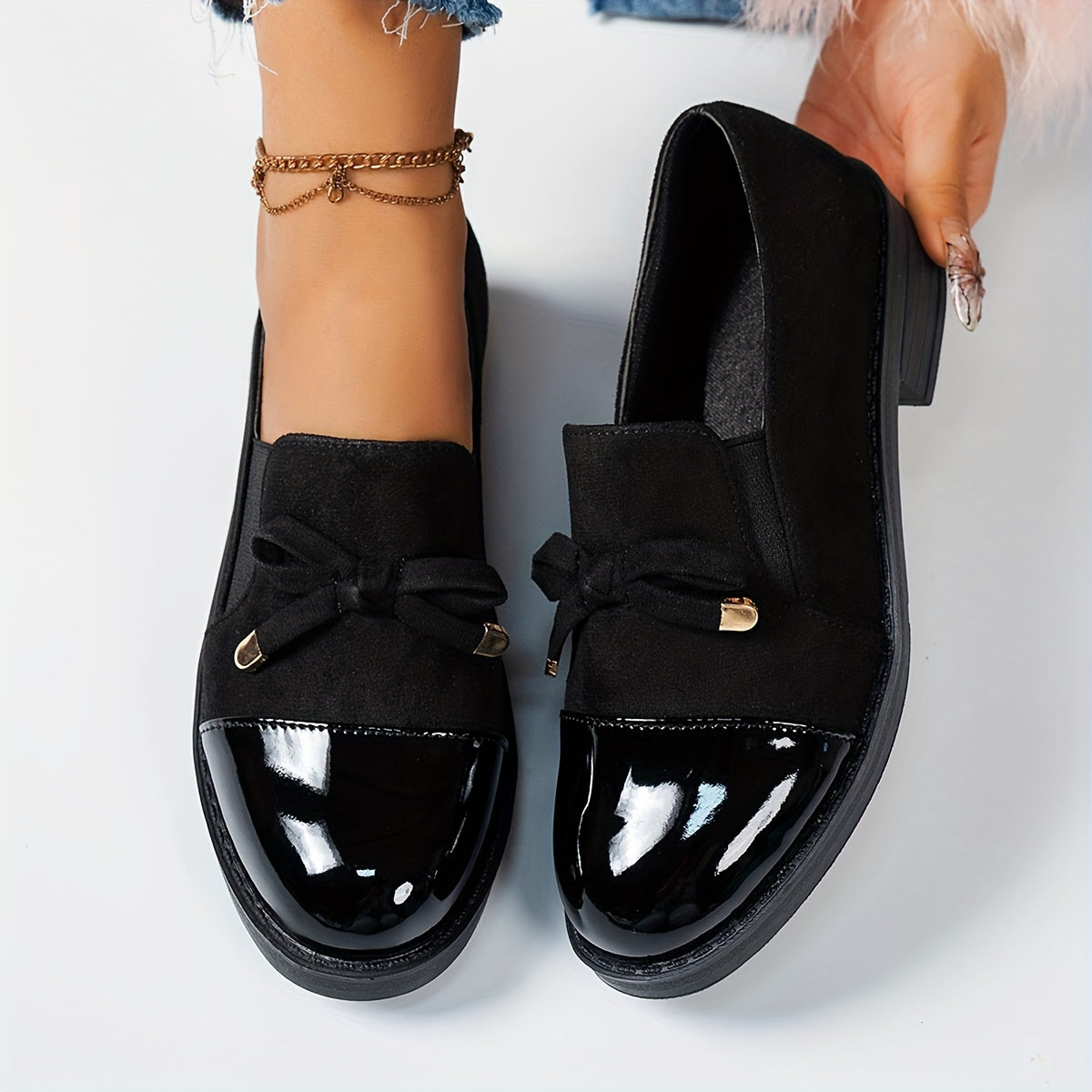 Women's Faux Leather Loafers with Rubber Sole and Bowknot Detail