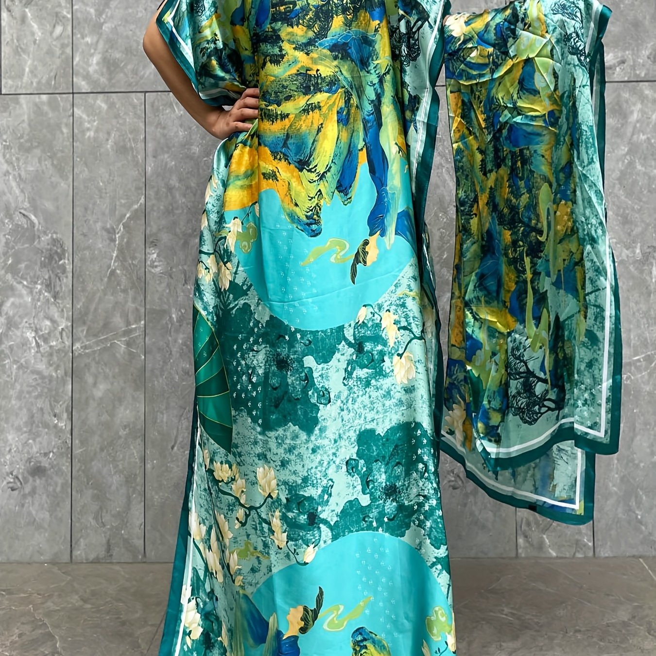 Платье для женщин больших размеров с цветочным принтом и рукавами-крылышками и шарфом, цвет: бирюзовый и желтый