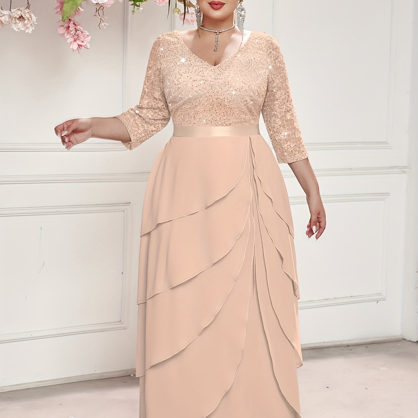 Plus Size Women's Sequin Lace V-Neck Maxi Dress Formal Evening Gown