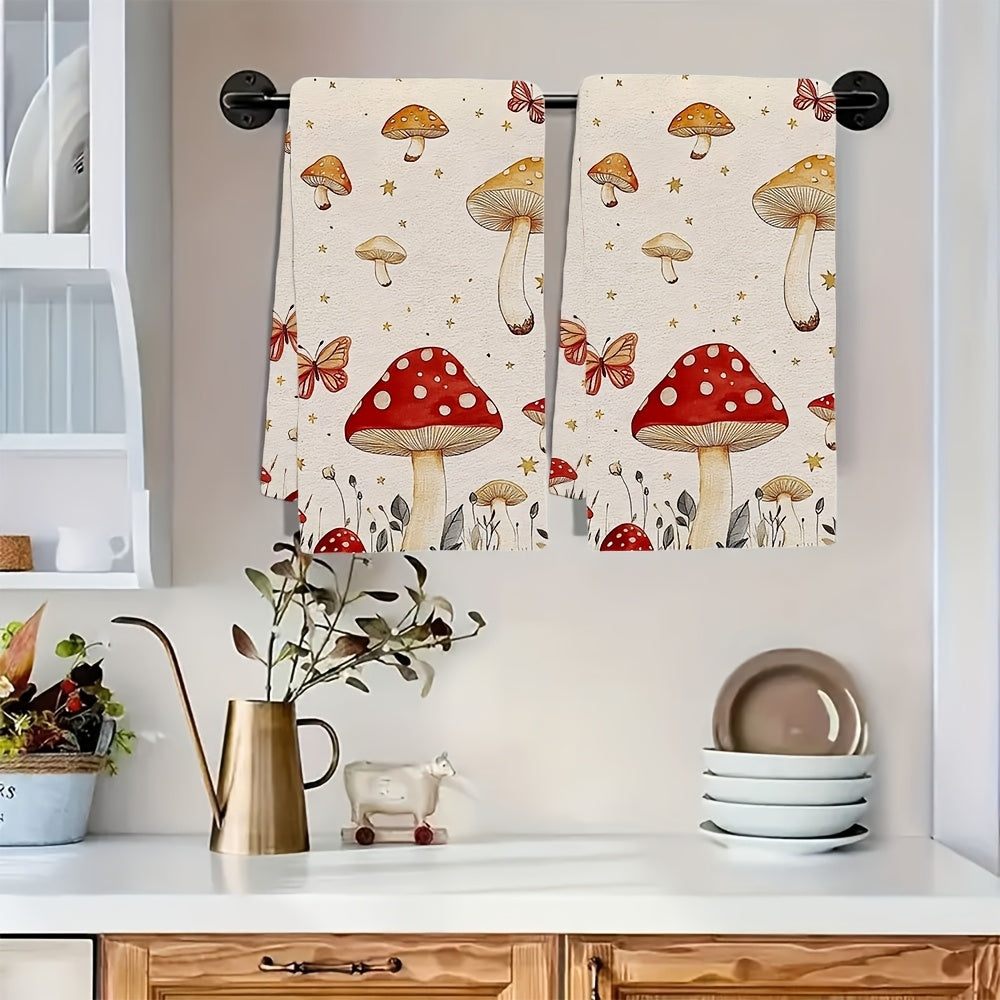 Whimsical Mushroom and Butterfly Kitchen Towels, Soft, Absorbent, 16x24 Inches