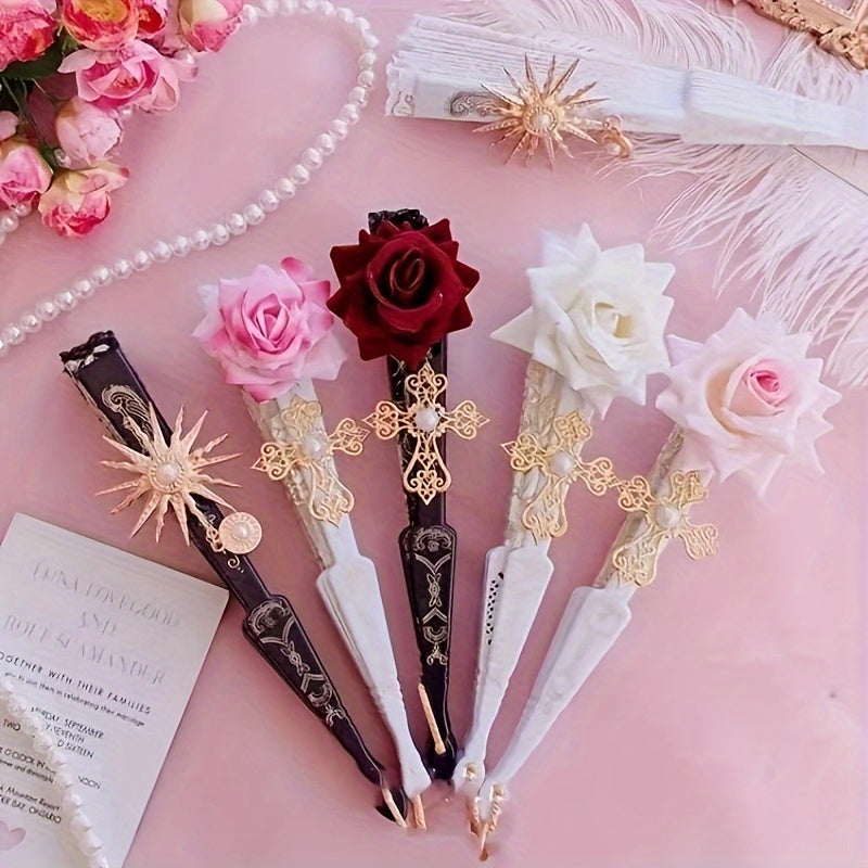 Vintage Rose Folding Fan with Retro Court Lace and European Floral Design for Cosplay and Photo Props