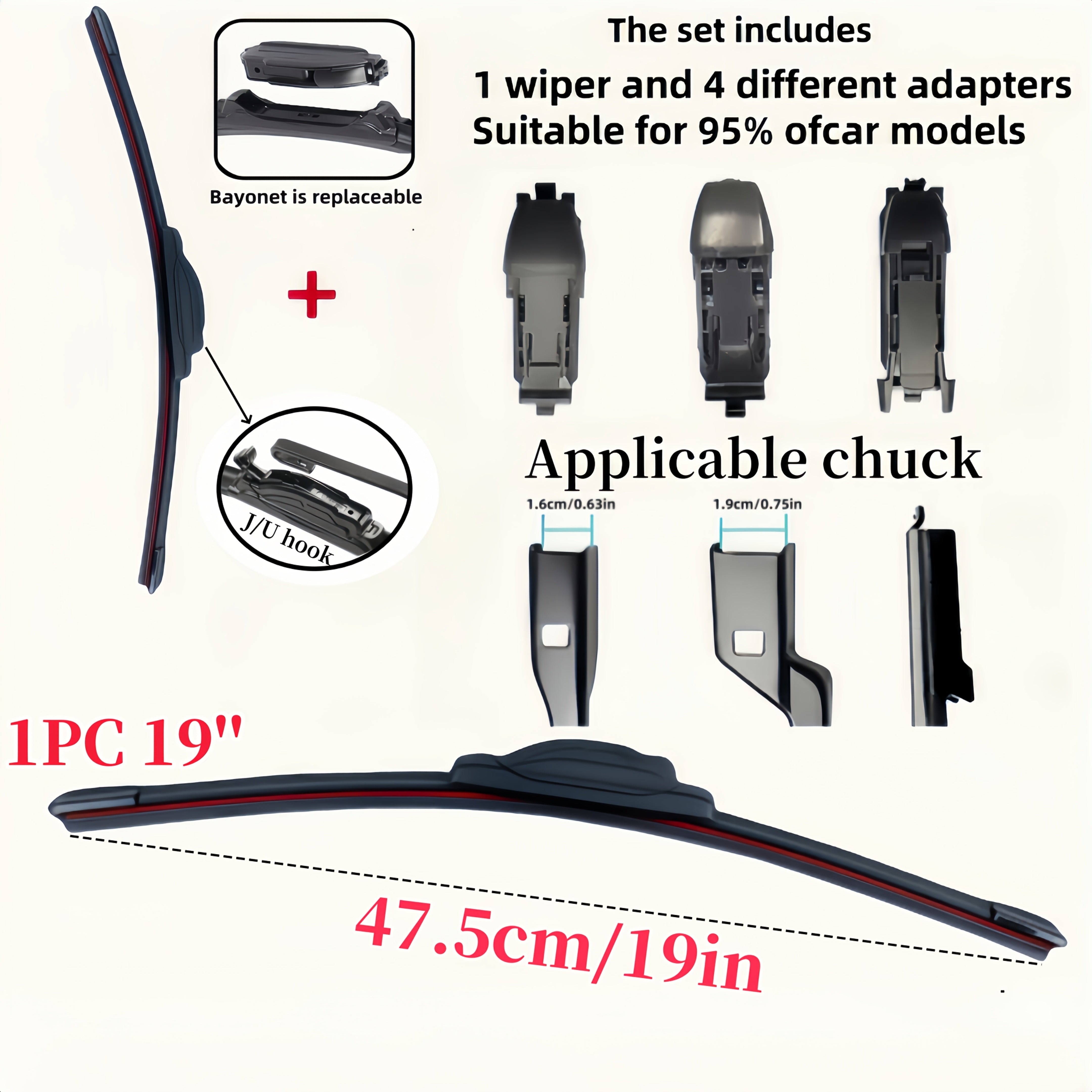 Car Windshield Wiper Blade Set with 4 Adapters, Durable Rubber, 35.56–71.12cm