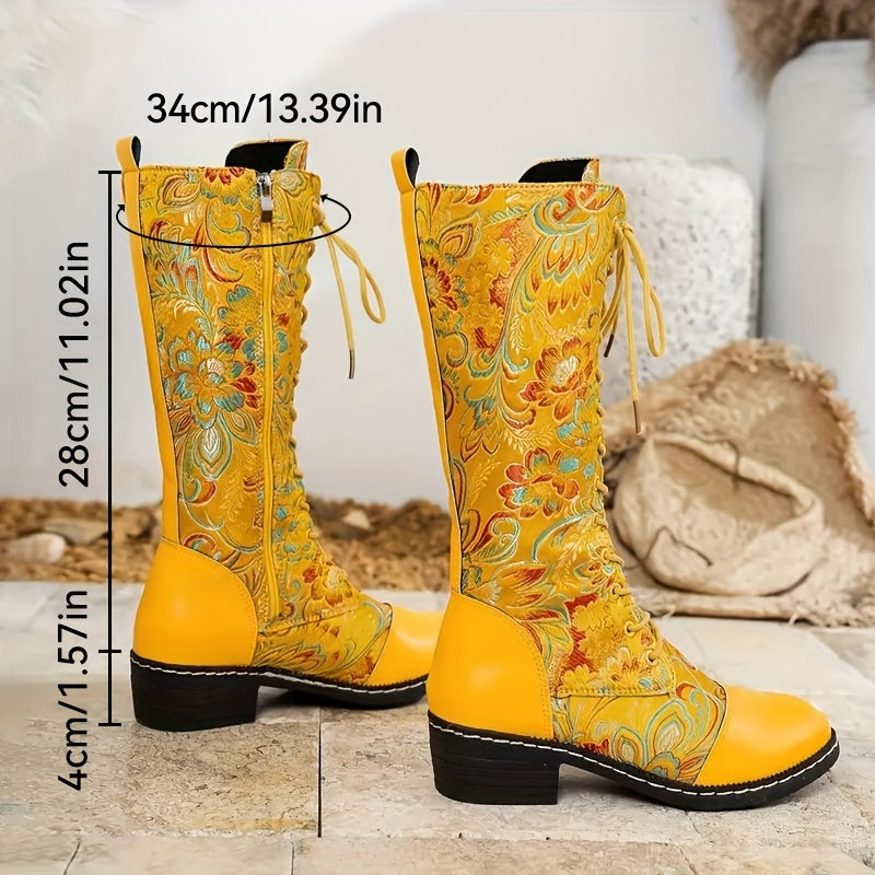 Women's Floral Ethnic Knee-High Boots Zippered Block Heel All-Season