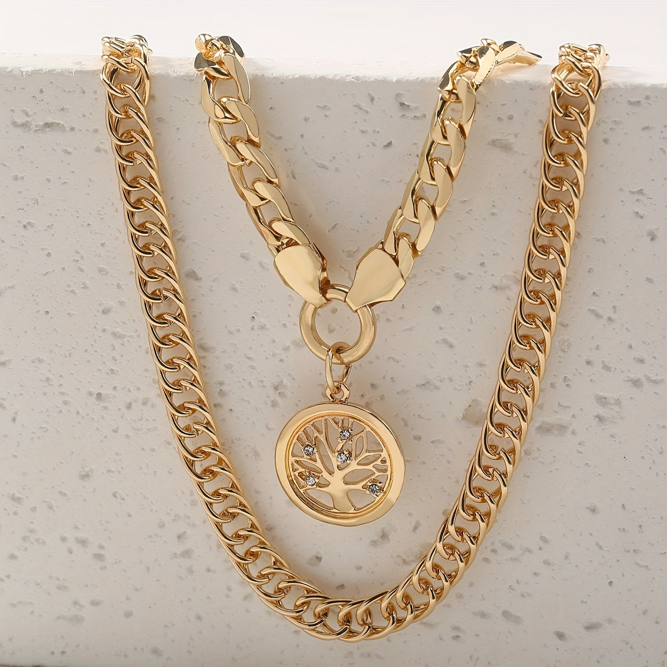 Set of 2 Layered Necklaces with Tree of Life Pendant and Cuban Link Chain