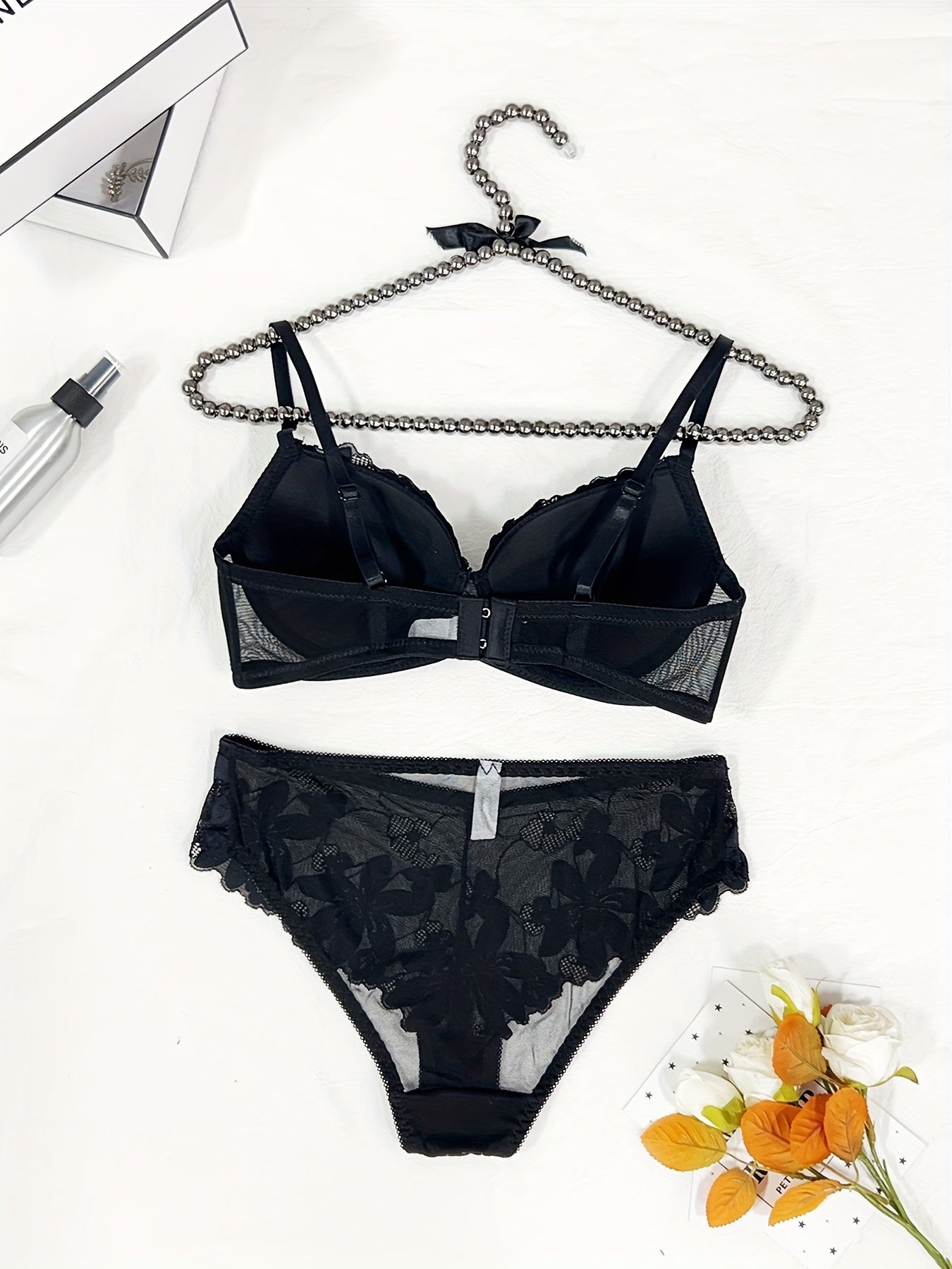 Women's Floral Embroidered Lingerie Set with Push-Up Bra and Thong