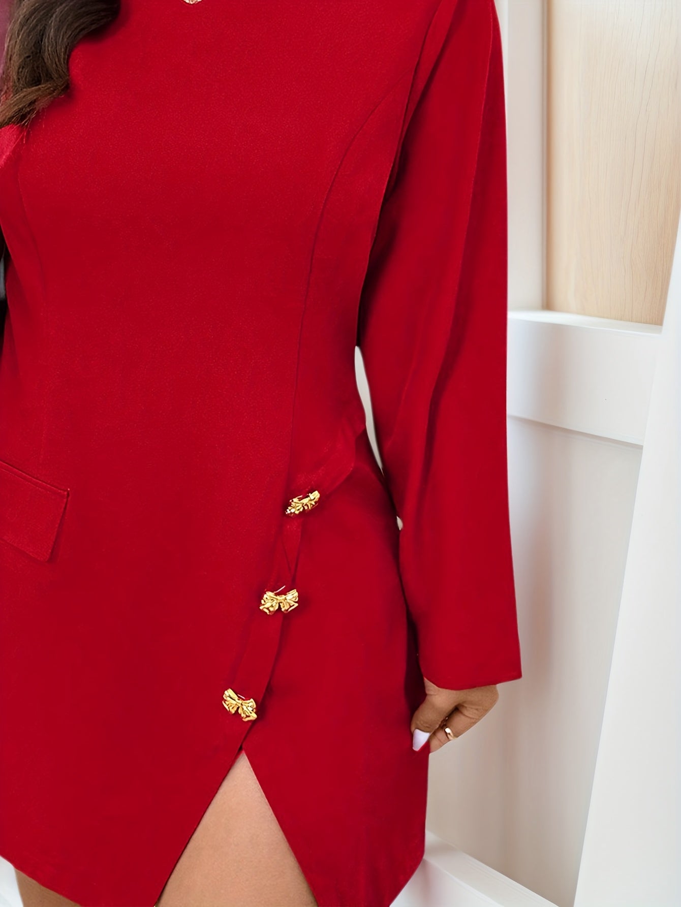 Women's Plus Size Red Crew Neck Asymmetrical Hem Button Sleeve Dress Casual Summer