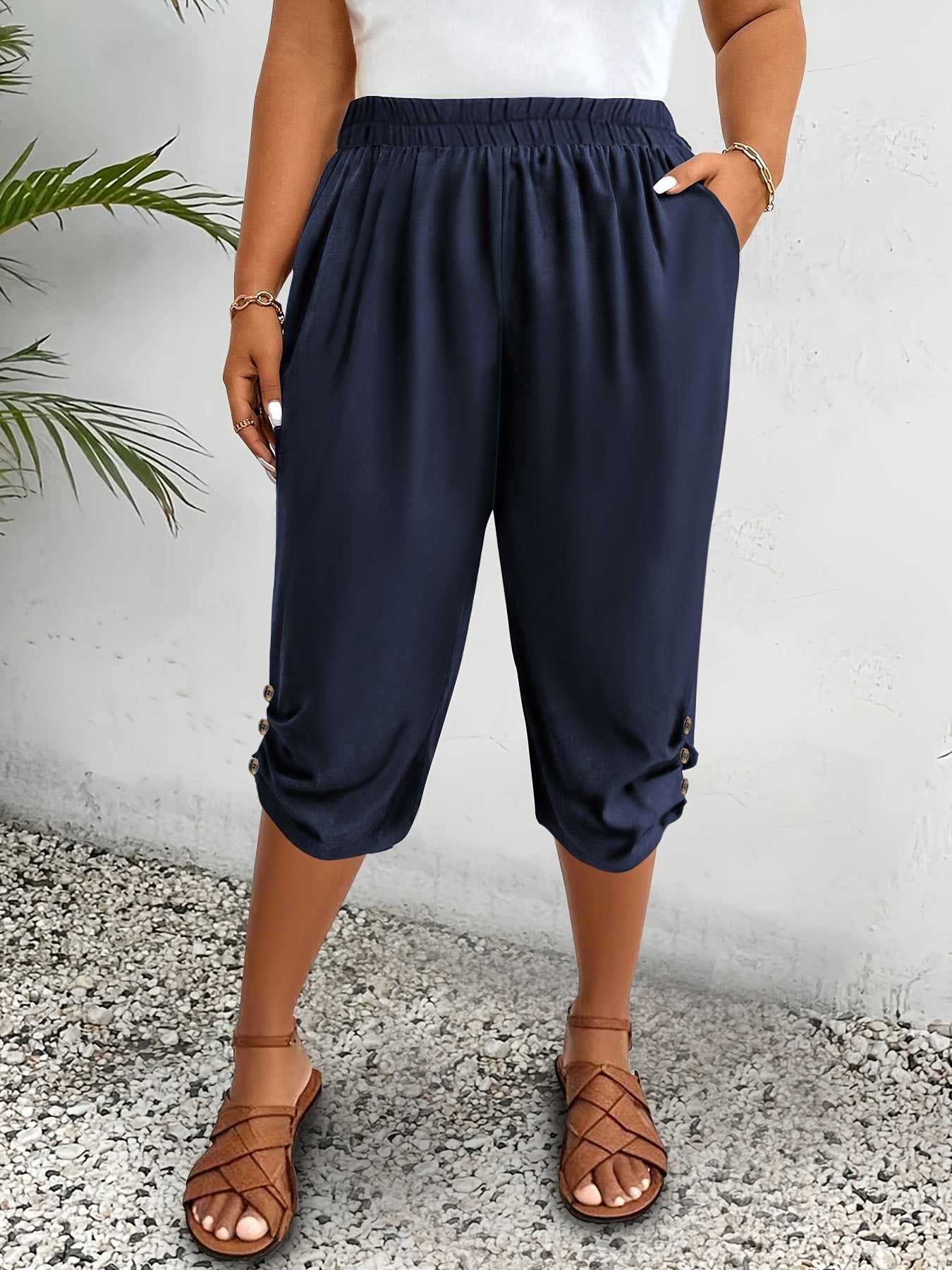 Plus Size Women's High-Waisted Bermuda Shorts Solid Brown Summer Casual Wide Leg