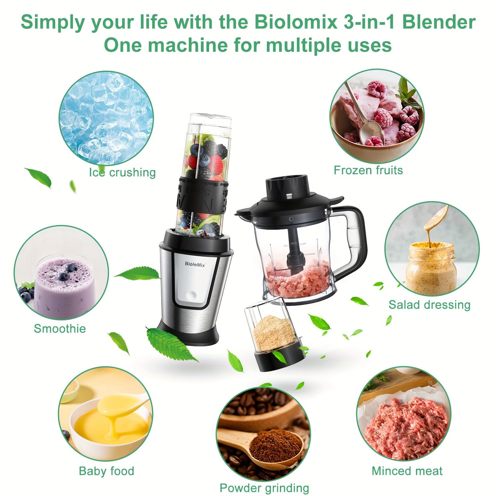700W 3-in-1 Blender Ovqatni tayyorlash qurilmasi, Smoothie tayyorlovchi, zanglamaydigan po'lat pichoq bilan, EU rozetkasi bilan