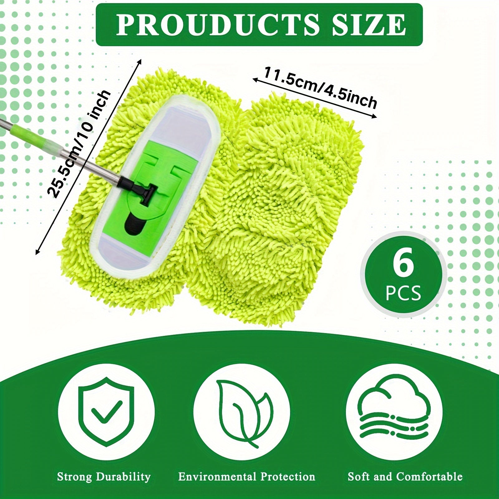 6-Piece Green Microfiber Mop Pads for Wet and Dry Floor Cleaning
