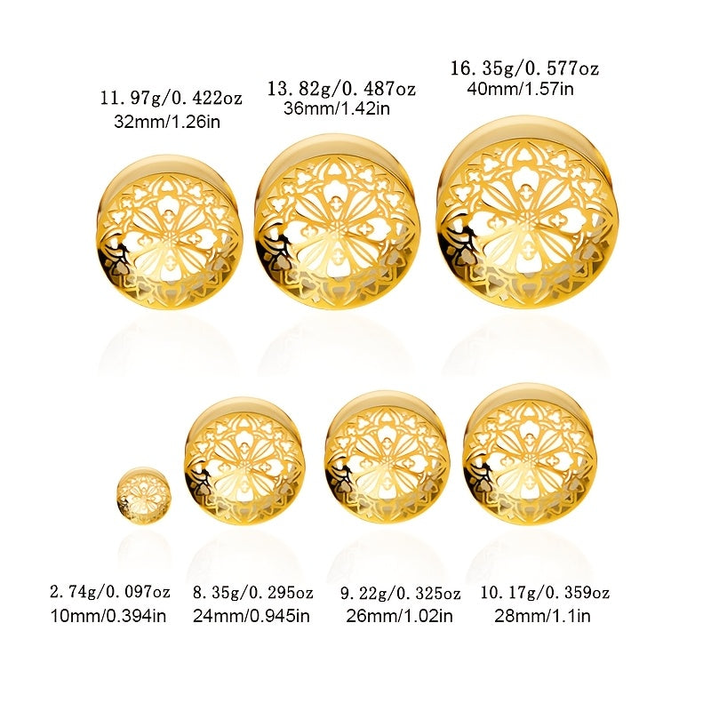 2 ta Hip Hop zanglamas po'latdan yasalgan quloq kengaytmalari to'plami, oltin gullar dizayni bilan - Har kuni kiyish va partiyalar uchun ideal. Kengaytiriluvchi yoki tunel sifatida ishlatilishi mumkin.