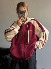 Women’s Y2K Color Block Hoodie with Long Sleeves and Drawstring Hood