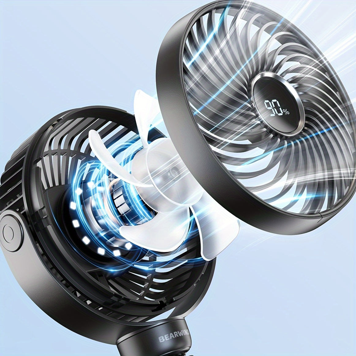 Portable USB Fan with LED Night Light, Rechargeable Battery, Touch Control, Clamp-On for Car Seat and Stroller