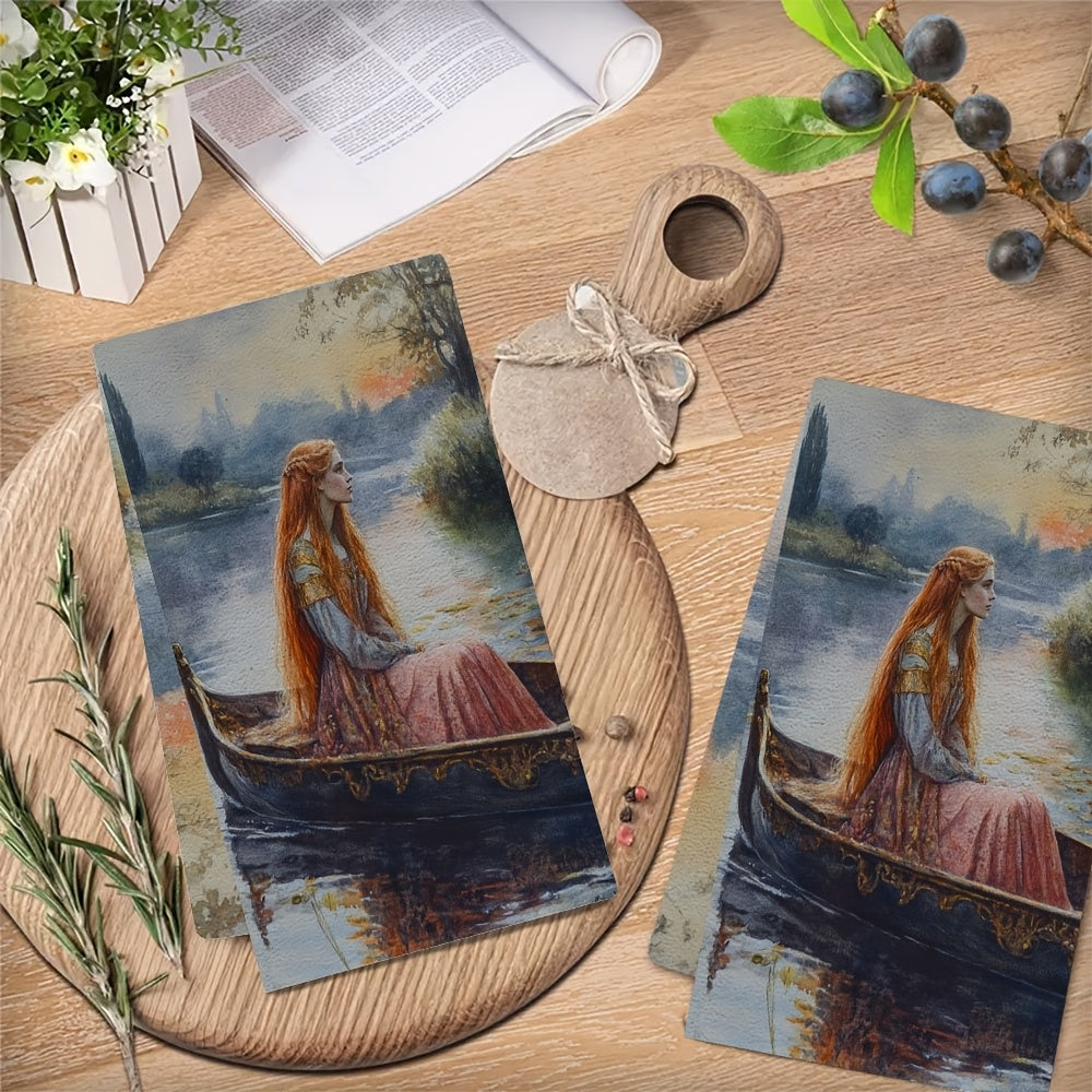 Two Pieces Ultra-Soft Kitchen Towels Water Scene Art 40x60cm Absorbent