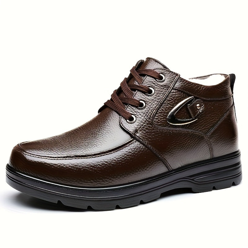Botas de invierno vintage para hombre, cuero de vaca genuino, forro de felpa, cortas, para exteriores, con cordones