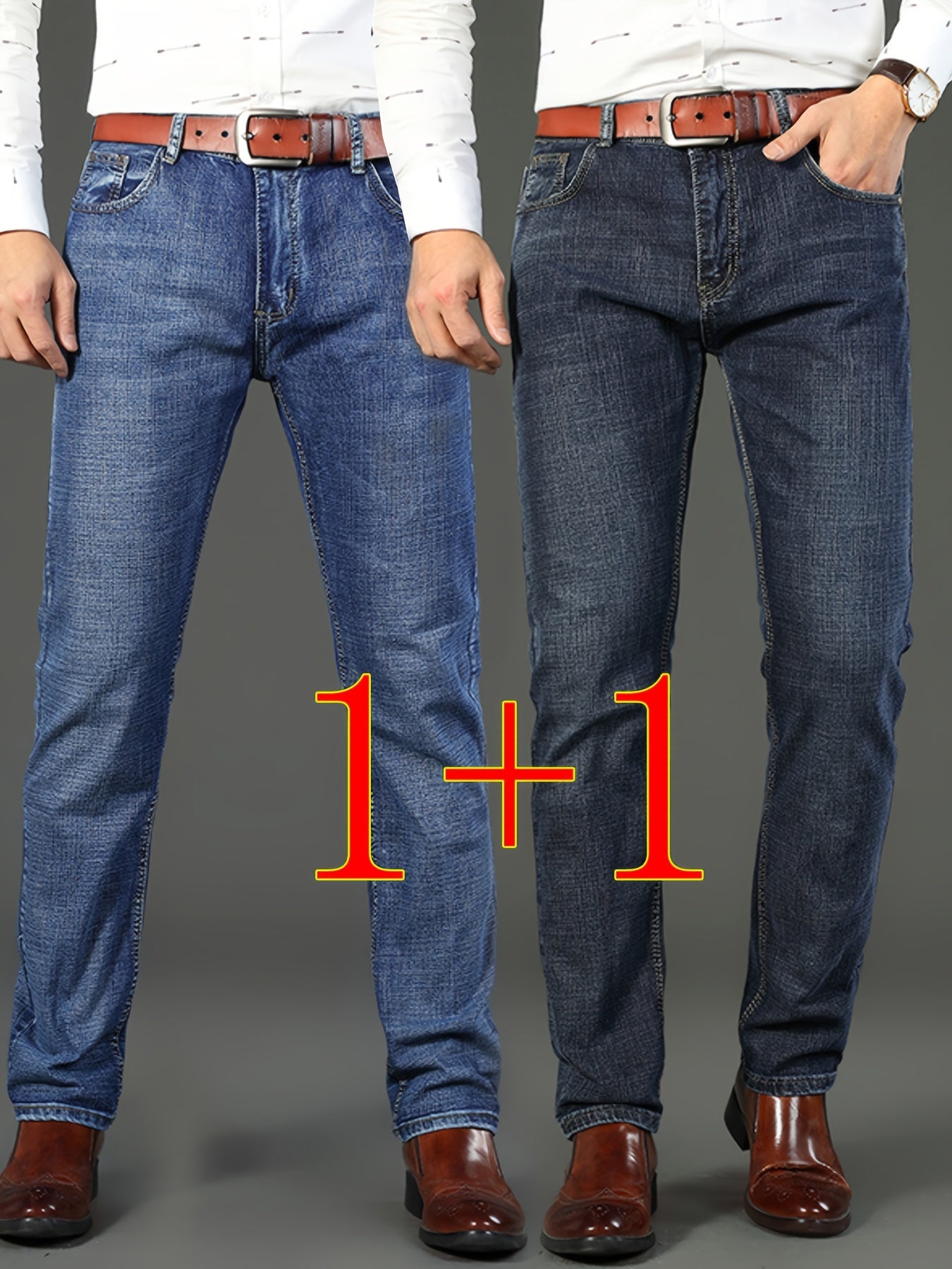 Men's Solid Denim Pants with Pockets Cotton Blend Regular Fit for Outdoor Activities Set of 2