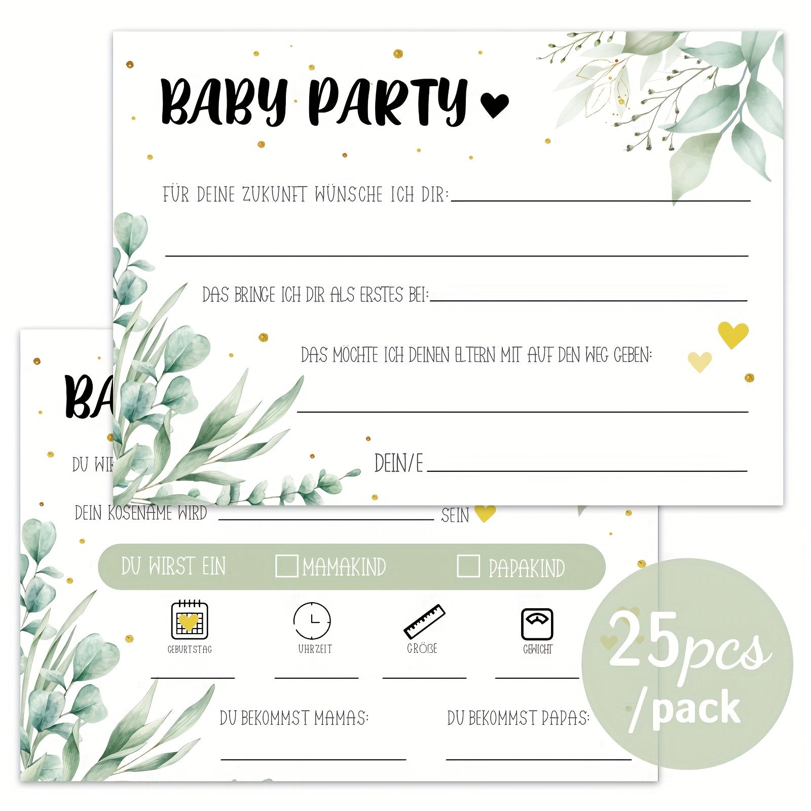 Kids Party Game Cards 25 Double-Sided Eucalyptus Gold Decoration