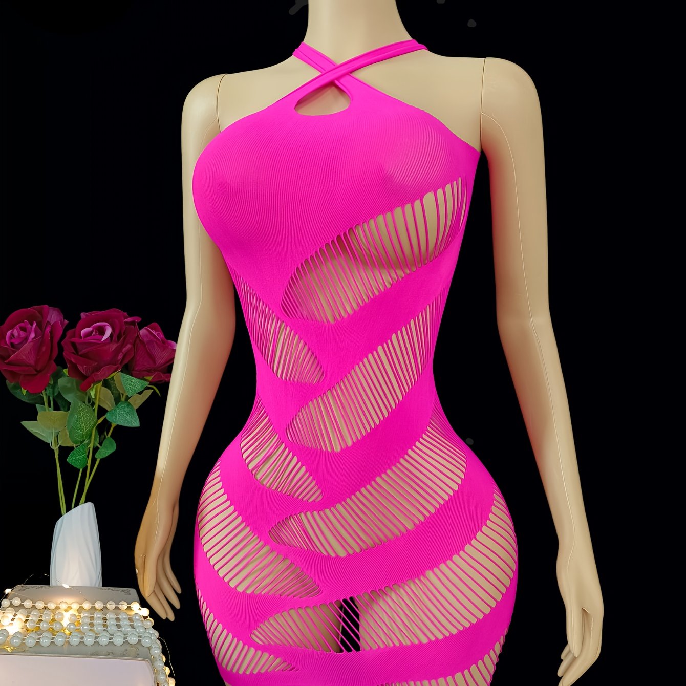 Women's Fishnet Lace Slim Fit Dress Streched Breathable No Padding