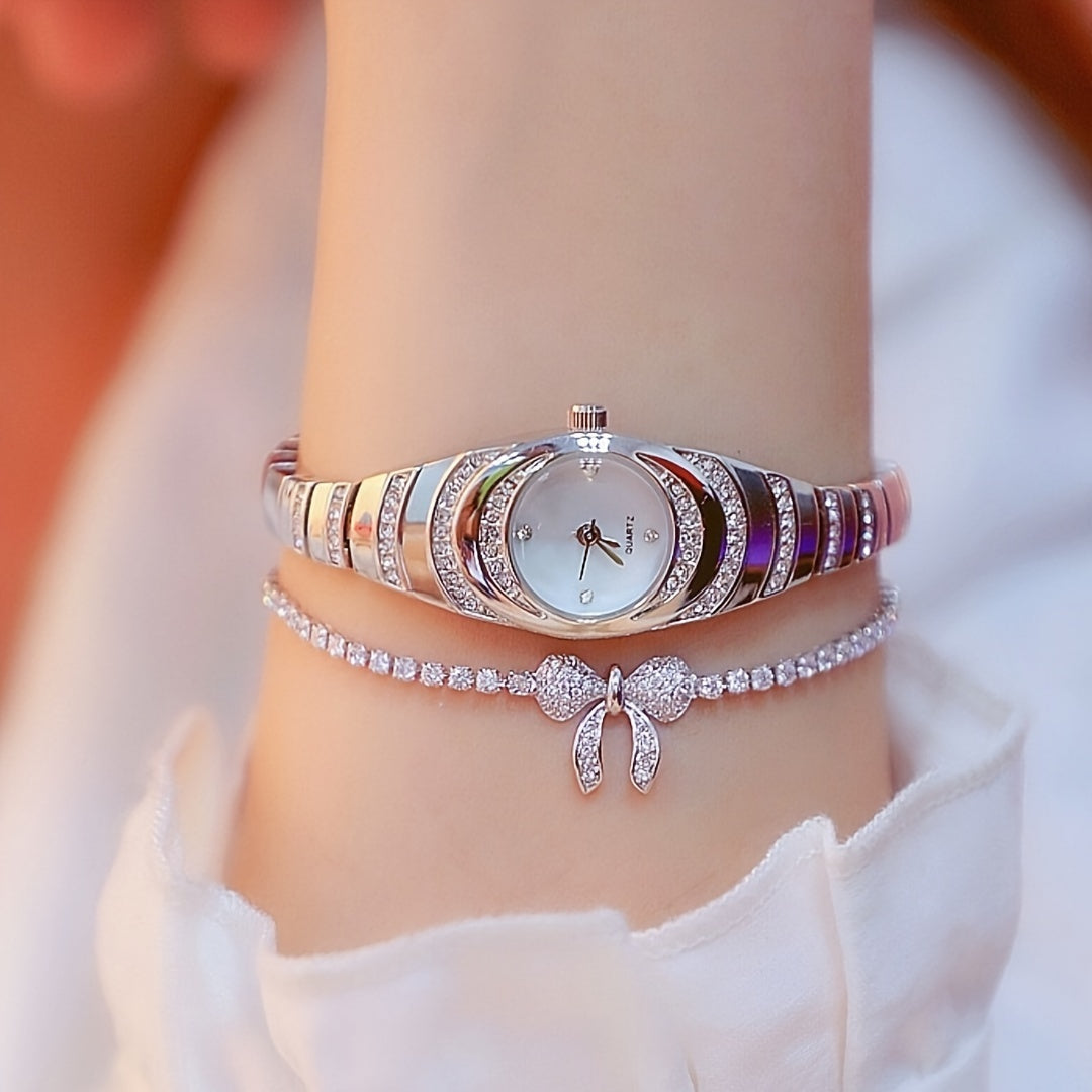 Women's Watch with Round Dial, Water Diamonds, Gold Quartz Movement