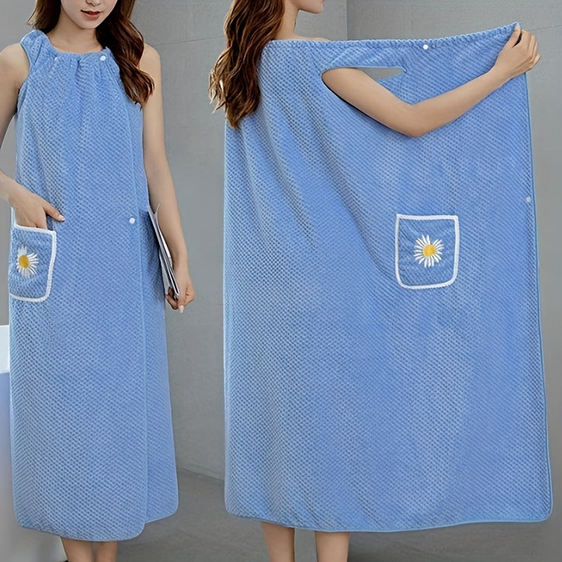 Adults' Quick-Dry Absorbent Bath Towel with Pockets and Buttons for Spa Sauna