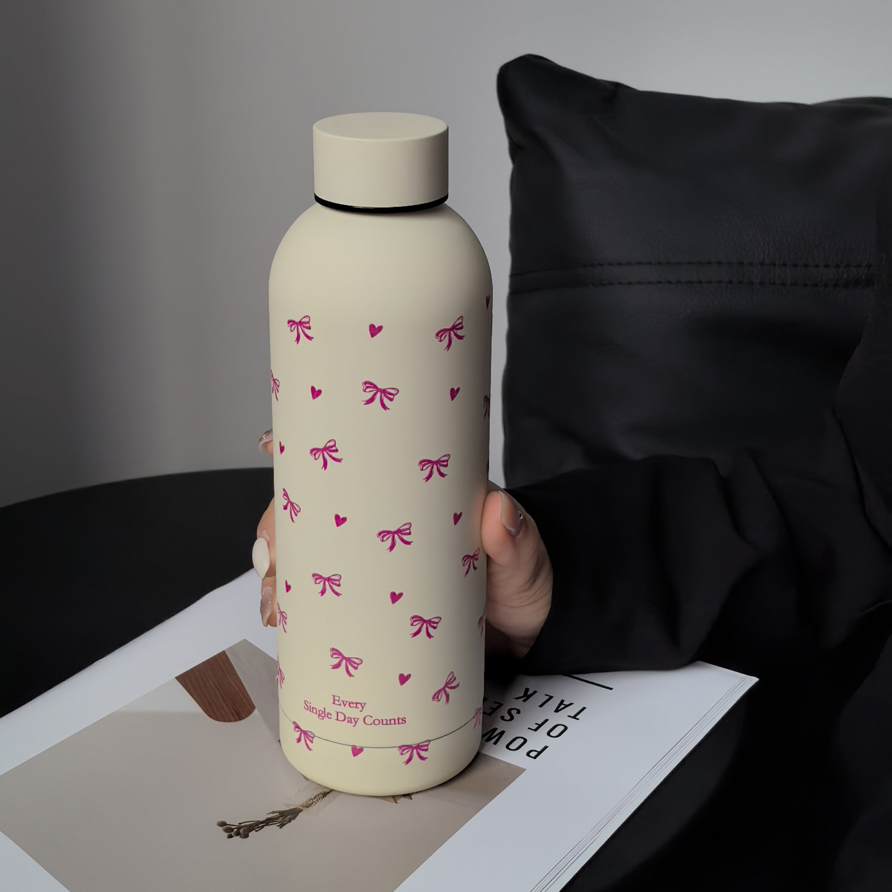 Insulated Stainless Steel Water Bottle with Bowknot and Heart Design for Travel Gym Outdoor Car