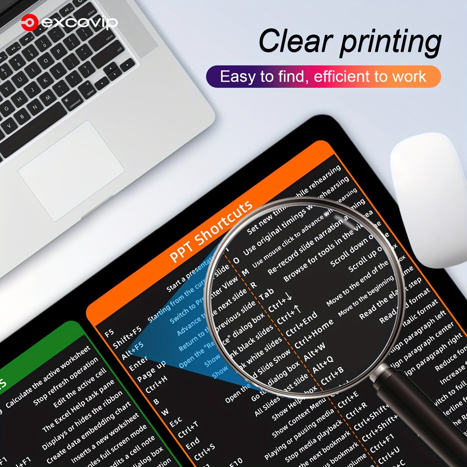 1 dona Katta Stol Pad, Office Word, Excel va PPT uchun Oddiy Windows Qisqa Yo'llari bilan, qisqa yo'l naqshiga ega bo'lgan sirpanmaydigan klaviatura va sichqoncha pad.