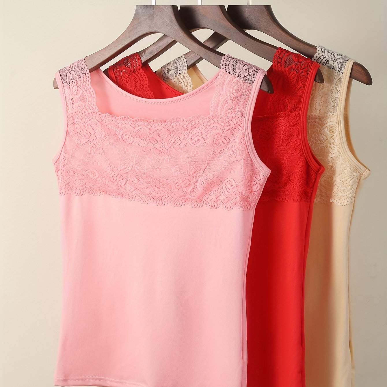 Women's Tank Top Set with Contrast Lace, All-Match Solid Cotton Vest